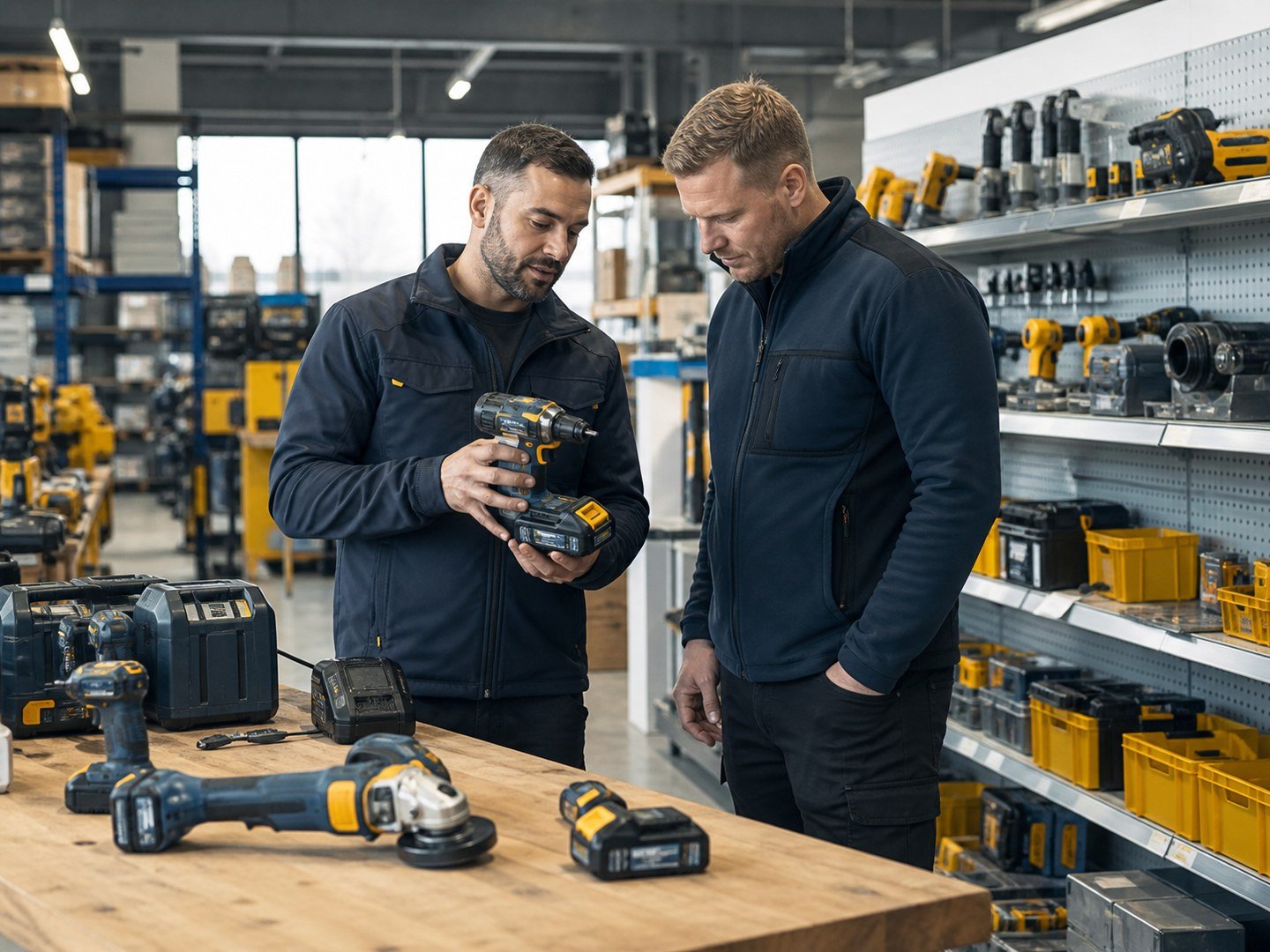 Verslo klientas su specialistu renkasi profesionalų akumuliatorinį įrankį