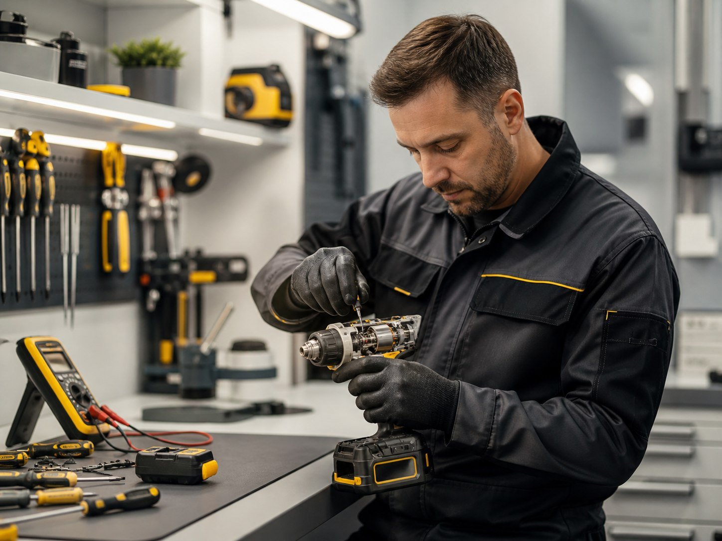 Meistras tikrina profesionalų elektrinį įrankį servise